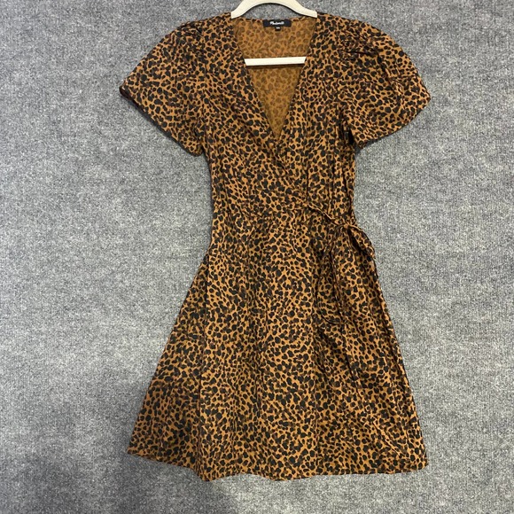 Madewell Wrap Dress XXS Leopard Print Brown Flutter Short Sleeve Mini - Picture 2 of 13